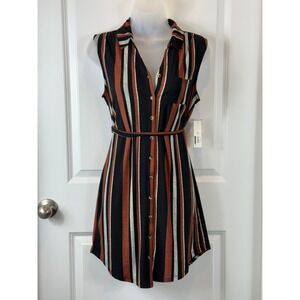 NWT No Boundaries Striped Womens Shirt Belt Size M 7 9 Orange‎ Black Top Blouse